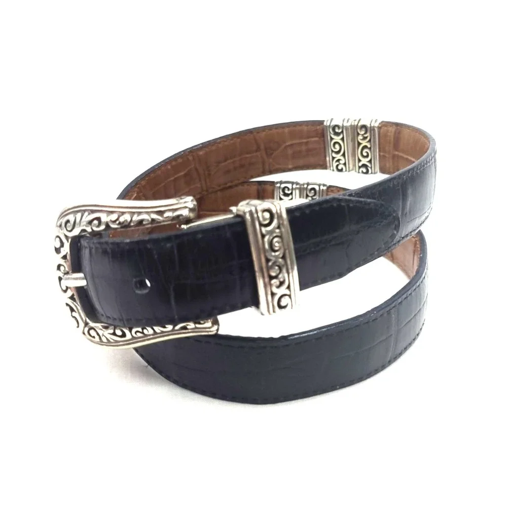 Brighton Belt Sz M/30 Brown Black Croc Embossed Leather Reversible Silver Tone